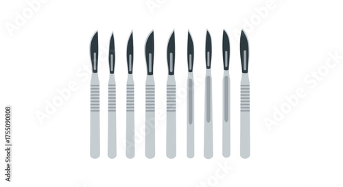 Row of Surgical Scalpels with Silver Handles and Curved Blades.