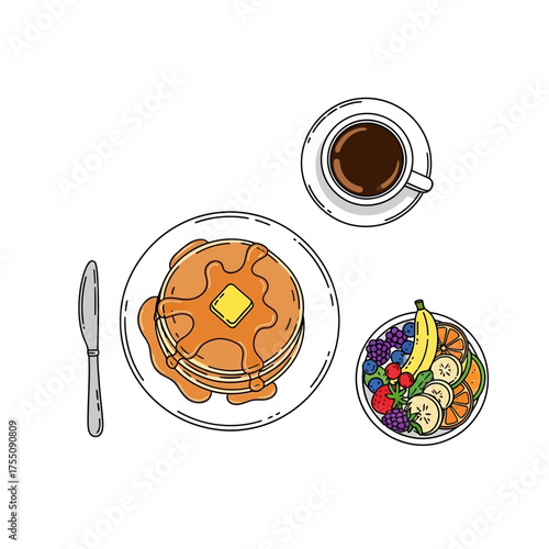 Breakfast food illustration with pancakes fruit coffee and knife isolated on white background