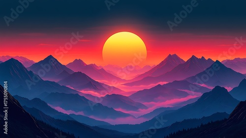 Vibrant sunrise mountain peaks glowing under colorful sky Images