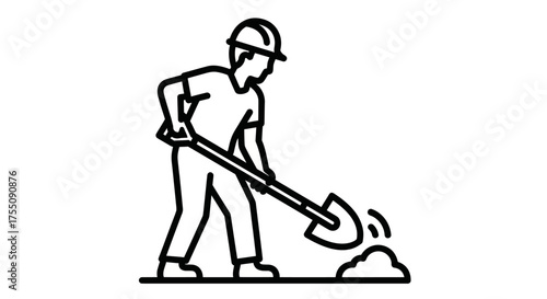 Construction worker digging with shovel in outline style.