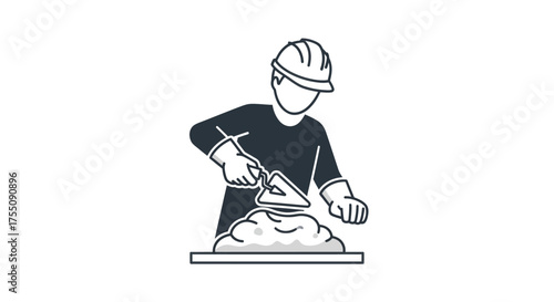 Construction Worker Spreading Mortar with Trowel Wearing Hard Hat and Gloves.