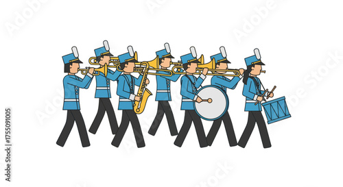 Cartoon Marching Band Performing with Brass Instruments and Drums.