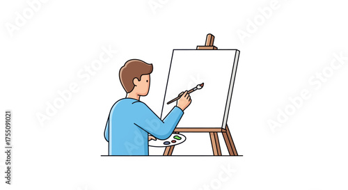 Young Man Artist Painting on Canvas with Brush and Palette on Easel.