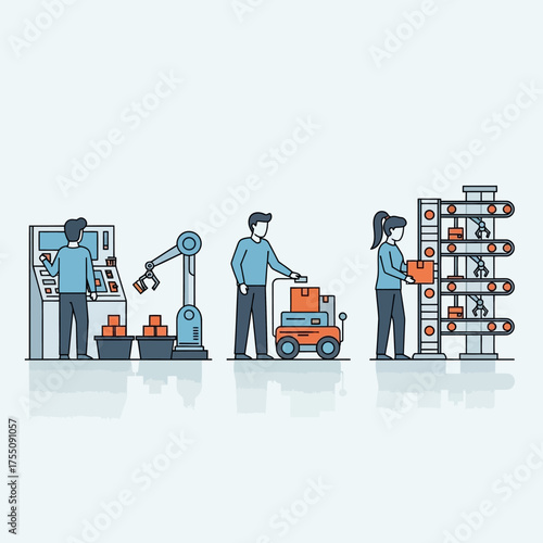 Manufacturing process illustration workers and automation vector graphic conveyor belts production line robots packaging boxes