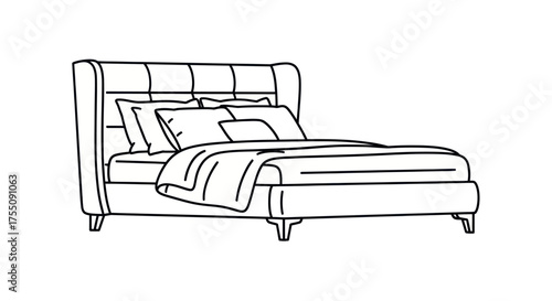 Upholstered Bed with Pillows and Blanket Line Art Illustration.