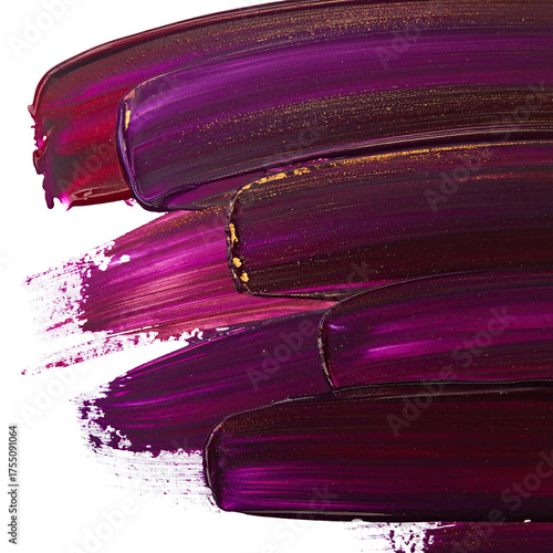 Close-up of colorful, textured paint brushstrokes in shades of purple, with a white fringe