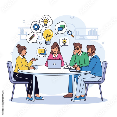 Team brainstorming creative ideas at a table