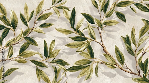   A white background showcases a single tree branch with lush green leaves, against a light-colored wallpaper