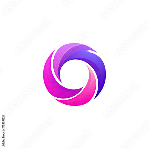 A stylized, circular logo featuring layered, gradient hues of pink, purple, and blue against black