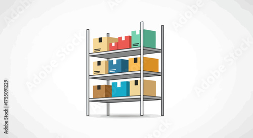 Metal Shelving Unit with Assorted Cardboard Boxes Storage and Organization.