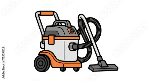 Orange and Gray Wet-Dry Vacuum Cleaner with Hose and Wheels.