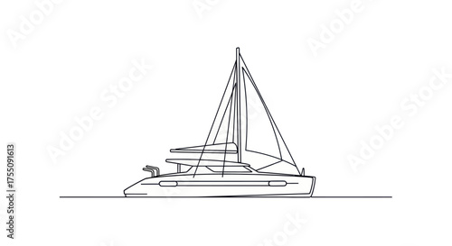 Detailed Line Drawing of a Modern Sailing Catamaran.
