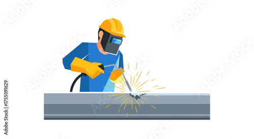 Welder in protective gear performing welding on metal beam with sparks.