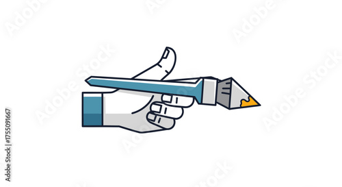 Hand holding a blue-handled chisel with a sharp triangular blade.