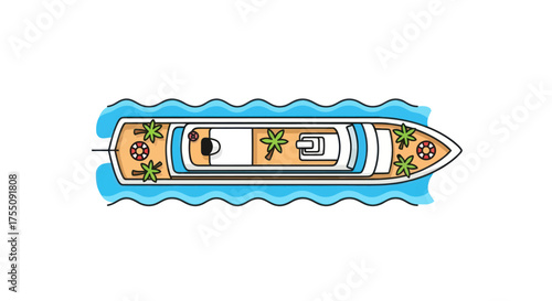 Cartoon Yacht Top View with Palm Trees on Deck Cruising on Blue Water.