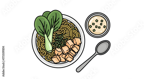 Delicious Bowl of Noodles with Tofu and Greens.