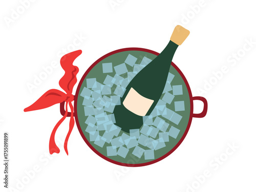 Ice bucket with champagne bottle vector illustration. Wine cooler with ice cubes, bottle and red ribbon isolated on white background. Festive drink chilling for Christmas party, wedding celebration
