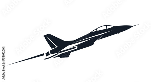 Sleek black and white silhouette of a modern military fighter jet in a dynamic upward flight.