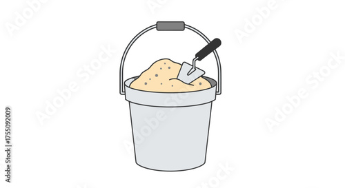Gray Bucket Filled with Sand and Small Hand Trowel.