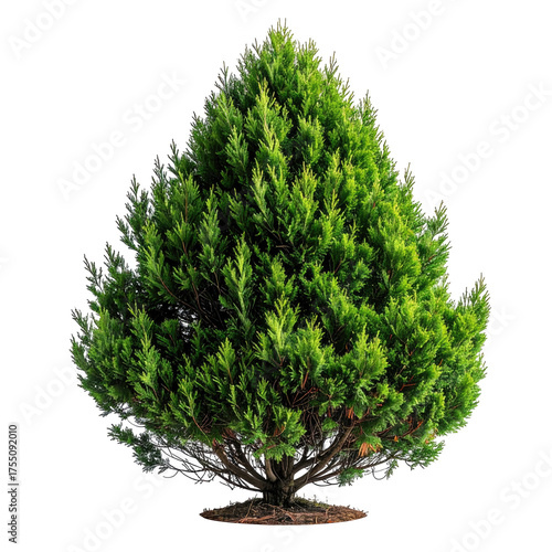 Isolated evergreen conifer tree with dense, green foliage. Transparent background