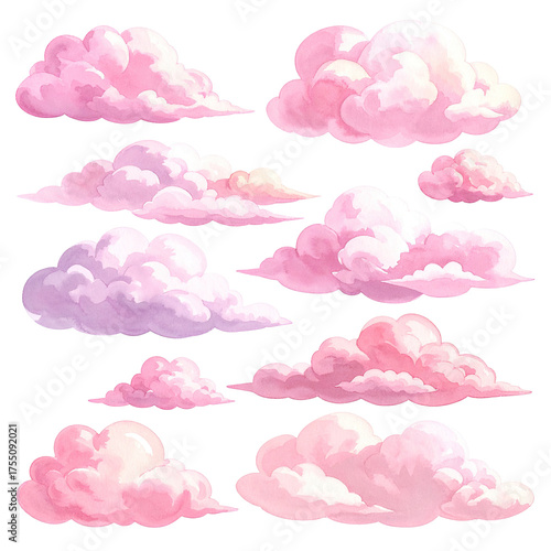 Digital illustration of fluffy, stylized pink clouds against a transparent or black background