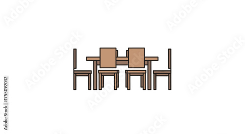 Simple Wooden Dining Table with Six Chairs Illustration.