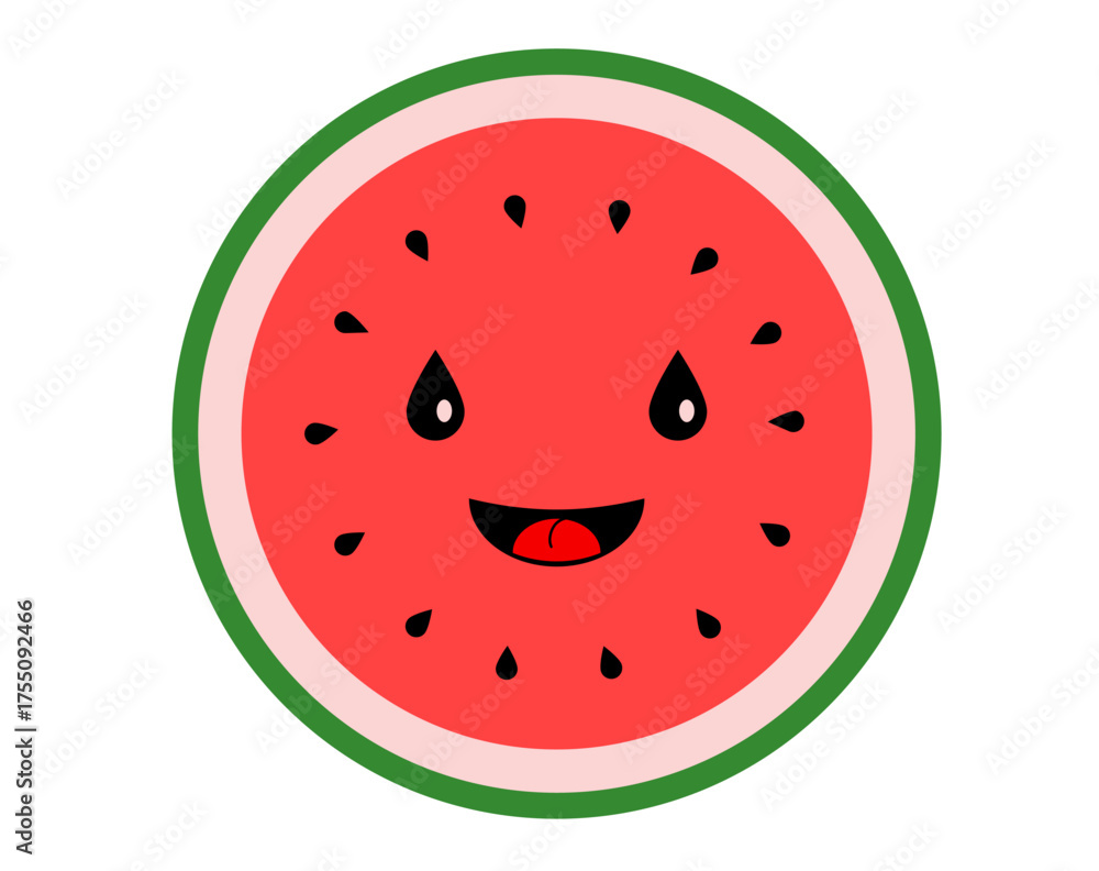 Obraz premium Cute, smiling cartoon watermelon circle with seeds and green rind on clean white background. Happy character illustration of a whole, sweet and juicy summer fruit for kids and food concepts