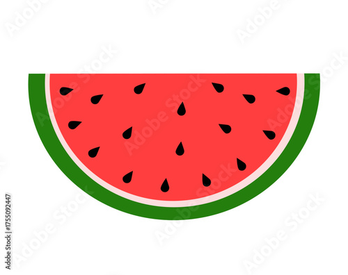 Slice of fresh watermelon with red flesh, black seeds and green rind isolated on white background. Simple vector icon illustration of a juicy, refreshing summer fruit wedge or half circle