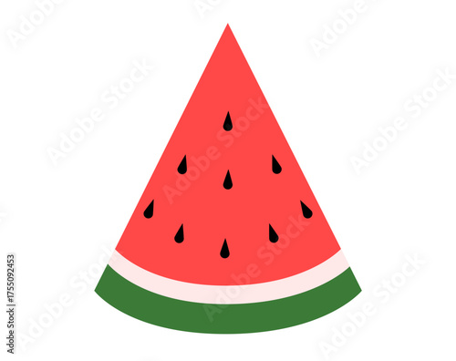 Triangular wedge slice of fresh watermelon with red flesh, black seeds, and green rind isolated on white background. Simple vector icon illustration of juicy, sweet and refreshing summer fruit