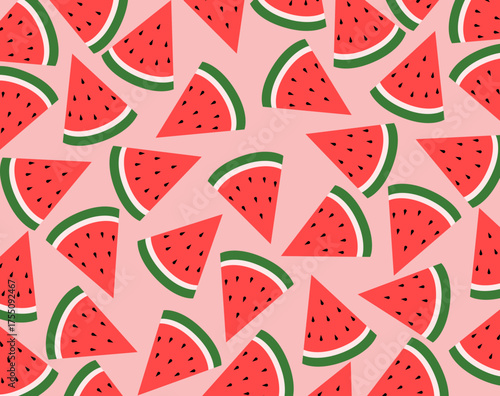 Scattered red watermelon triangular slices on pink background. Colorful, flat design texture illustration of sweet summer fruit wedges for food and tropical concepts, repeating pattern
