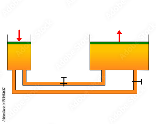 Diagram Pascal's principle and hydraulic lift concept with two connected fluid-filled cylinders. Physics education, force transmission and pressure in closed hydraulic system with pipes and valves