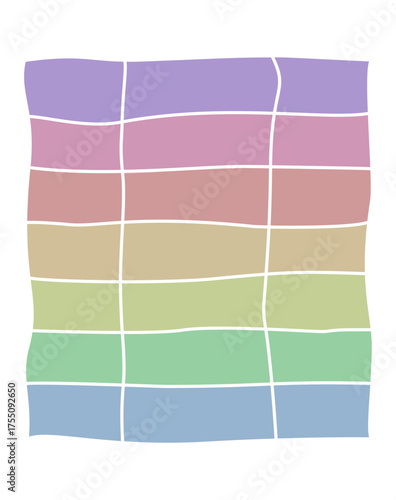 Vertical three column, seven-row grid table or chart with pastel rainbow colored cells and white lines in a wobbly style. Blank data matrix, spreadsheet or schedule template