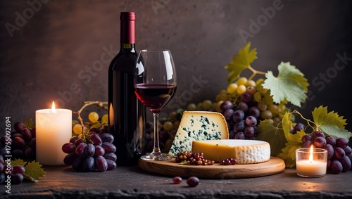 Glass red wine bottle among grapes, candle and cheese board in low romantic light