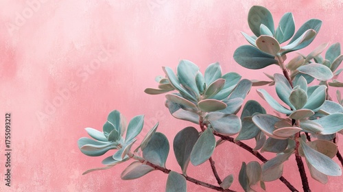   A close-up of a plant with green leaves on a pink background and a light pink wall in the back