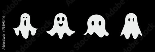 Cute Cartoon Ghosts on Black Background, Halloween Vector Icons Set