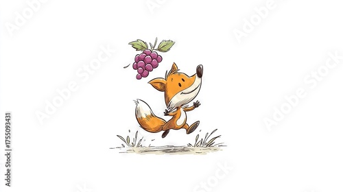   A fox running with grapes on its back and a butterfly on its head against a white background