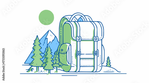 Minimal line art illustration of a hiking backpack with mountains and pine trees, perfect for travel blogs, outdoor adventure branding, eco tourism, and camping design projects