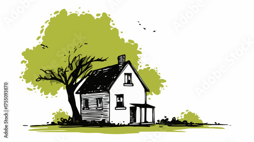 Minimal country house with green tree and lawn, flat vector illustration in simple hand-drawn style, perfect for eco living concepts, real estate, rural tourism, or nature-friendly branding