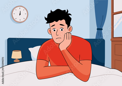 Illustration of an Exhausted Man Sitting in a Bed at Home