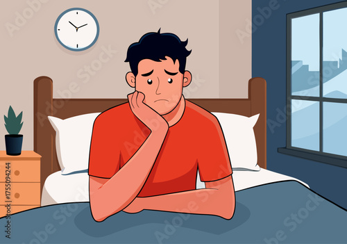 Illustrative Depiction of a Distraught Man Experiencing Mental Fatigue in Bed