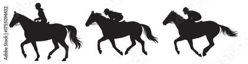 Three silhouetted figures on horseback in a procession