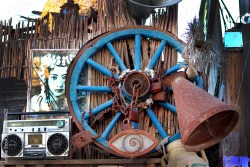 Egypt, Dahab - February 2022: Rustic display of antique Egyptian objects and vintage household items at a local bazaar. Warm tones and cultural atmosphere perfect for travel, history, and editorial
