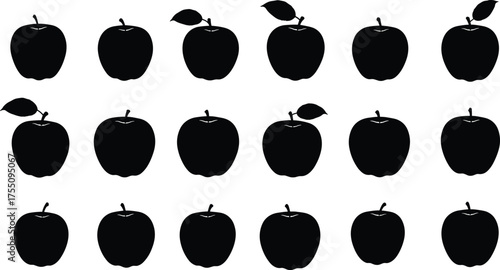 Apple silhouette vector, black fruit icons, editable apple shapes, orchard symbol design, grid layout, minimal style, stem leaf variation
