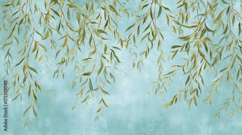   Painting depicts a lush green tree branch with leaves cascading, set against a serene blue sky backdrop