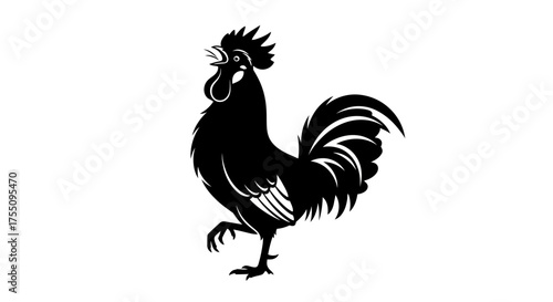 Black silhouette of a rooster crowing, standing on one leg and looking up