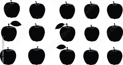 Black apple silhouette, fruit grid, minimal design, apple icon set, vector apples, shape variation, healthy food, editable, modern, clean