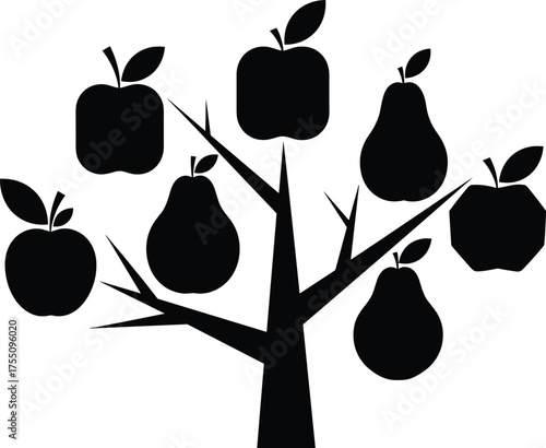 Black silhouette fruit tree vector, apples and pears on branches, minimal design, educational food art, bold contrast, leaf detail