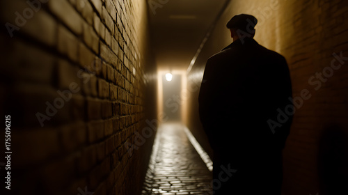 Shadowy figure walking down a dimly lit alleyway. An mysterious and somber scene with a sense of trepidation and drama. Evokes mystery and anticipation.