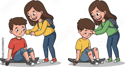 Cartoon empathy scene, injured boy, caring girl, skateboard moment, kindness illustration, emotional support, children vector, friendship, compassion, healing, help