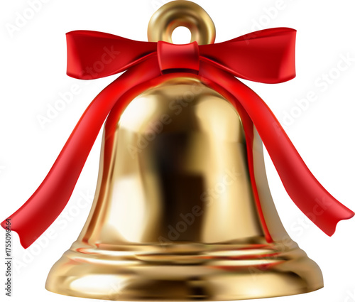 A shiny golden bell tied with a bright red satin bow sits centered against a clean white background. Christmas vector illustration